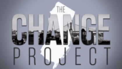 Image of the change project- words over the image of the NJ map