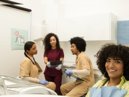 Image of diverse students and a patient in a healthcare setting